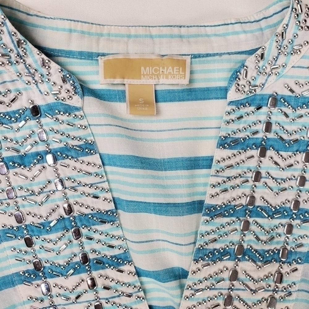 Michael Kors Blue White Stripe Silver Top Small - Picture 2 of 9